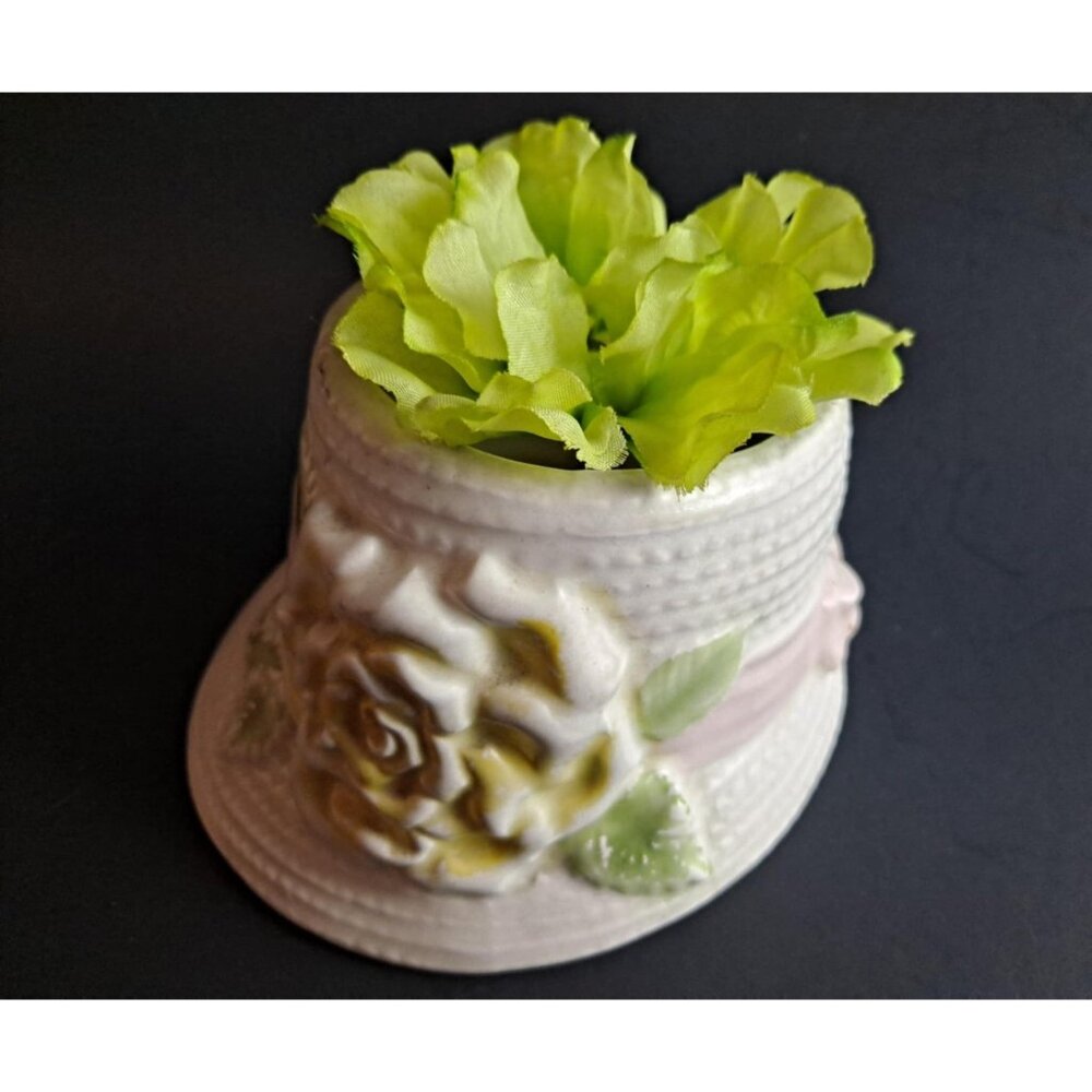 Vintage Ceramic Hat-Shaped Vase With Raised Floral & Bow Detailing Napco Japan